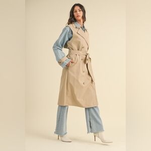 Stylish Layered Tan and Denim Trench Coat